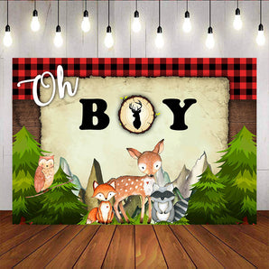 Mocsicka Oh Boy Baby Shower Backdrop Red plaid and Forest Party Decor-Mocsicka Party