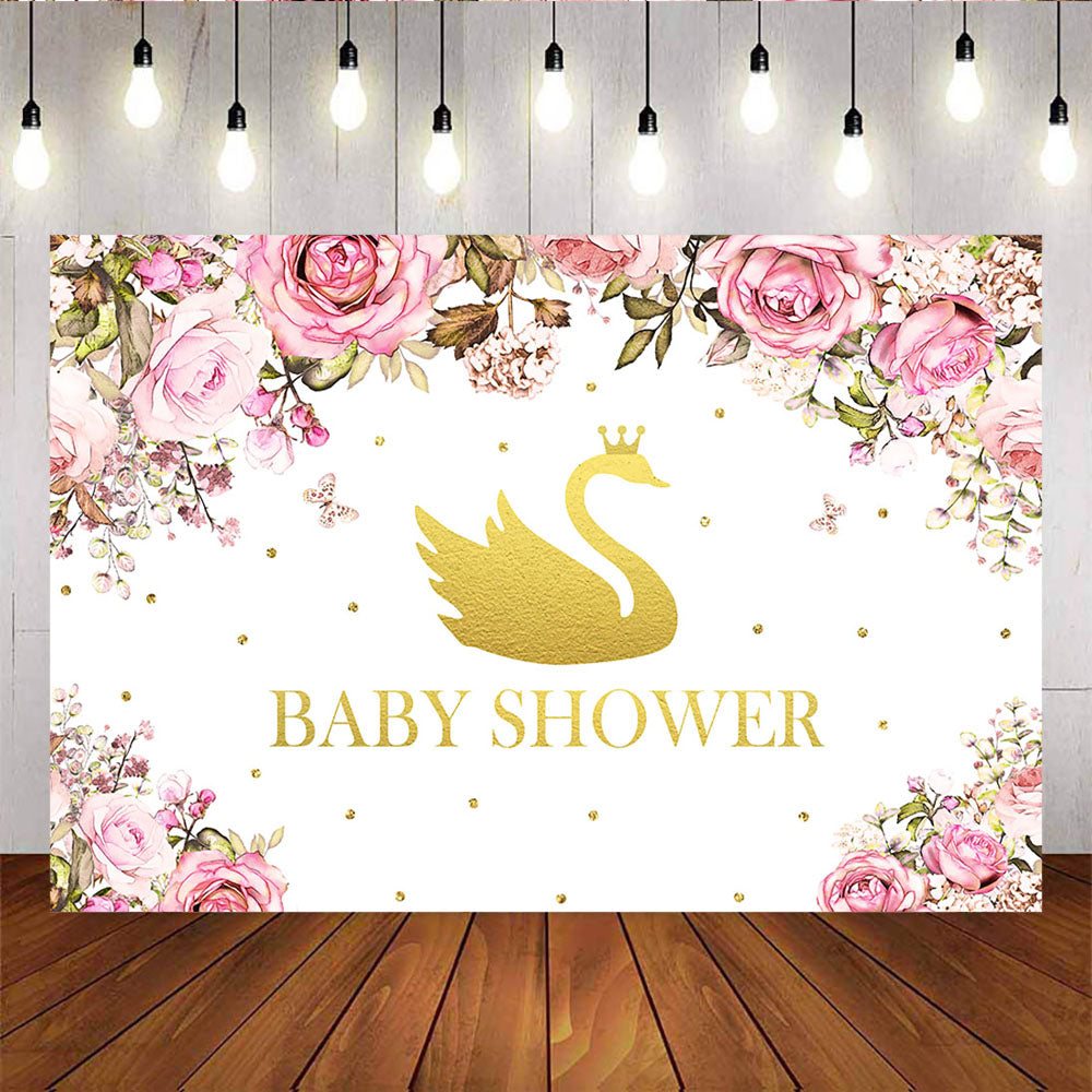 Mocsicka Golden Swan Baby Shower Backdrop Pink Flowers Photo Background-Mocsicka Party