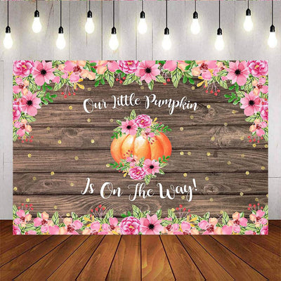 Mocsicka Pumpkin Girl Baby Shower Backdrop Flowers Wooden Floor Photo Backdround-Mocsicka Party