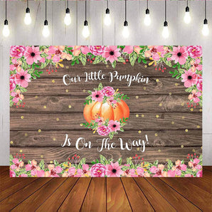 Mocsicka Pumpkin Girl Baby Shower Backdrop Flowers Wooden Floor Photo Backdround-Mocsicka Party