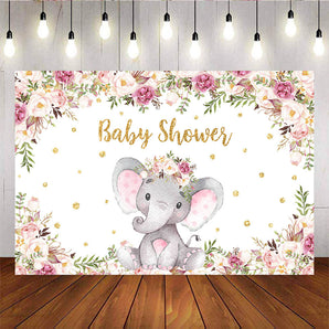 Mocsicka Pink Elephant Baby Shower Backdrop Gold Dots and Flowers Photo Backdrops
