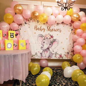 Mocsicka Pink Elephant Baby Shower Backdrop Gold Dots and Flowers Photo Backdrops-Mocsicka Party