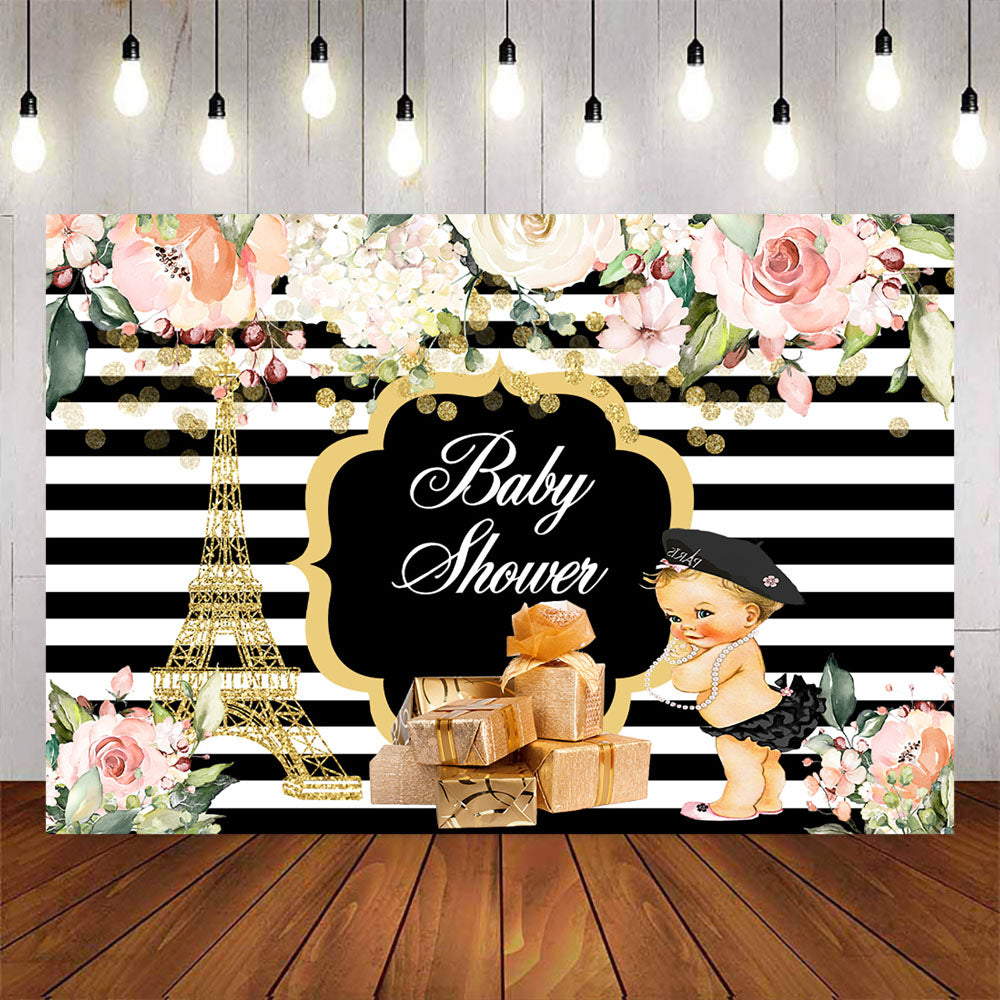 Mocsicka Eiffel Tower Stripes and Flowers Baby Shower Decor Backdrops-Mocsicka Party