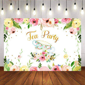 Mocsicka Tea Party Decorate Props Pink Rose Flowers Kettle Cup Photo Backdrop-Mocsicka Party