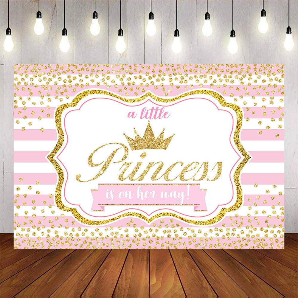 Mocsicka A Little Princess is on Her Way Backdrop Golden Crown and Dots Pink Stripes Photo Banners-Mocsicka Party