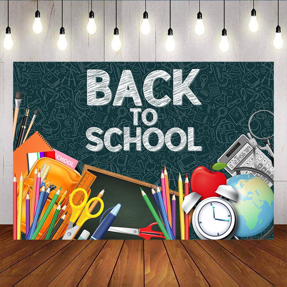 Mocsicka Back to School Backdrop Paintbrush Globe Alarm Clock and Greenboard Photo Background-Mocsicka Party