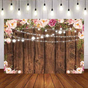 Mocsicka Wooden Floor and Flowers Glitter Lights Bridal Shower Back Drops-Mocsicka Party
