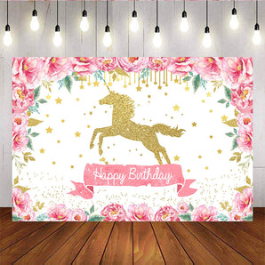 Mocsicka Golden Unicorn Pink Flowers and Little Stars Happy Birthday Backdrops-Mocsicka Party