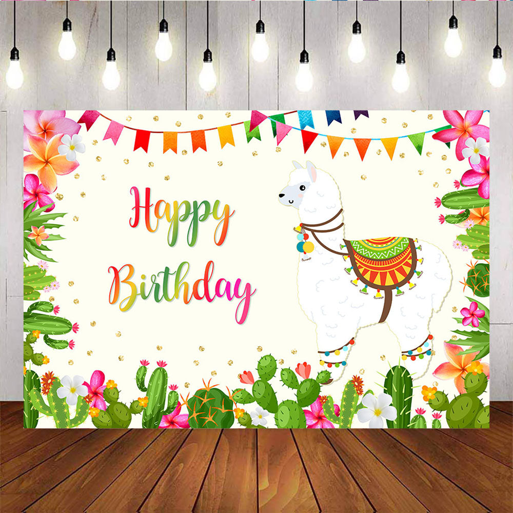 Mocsicka Happy Birthday Party Backdrops Alpaca and Cactus Golden Dots Background-Mocsicka Party