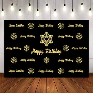 Mocsicka Golden Snowflakes Happy Birthday Step and Repeat Black Back Drop-Mocsicka Party