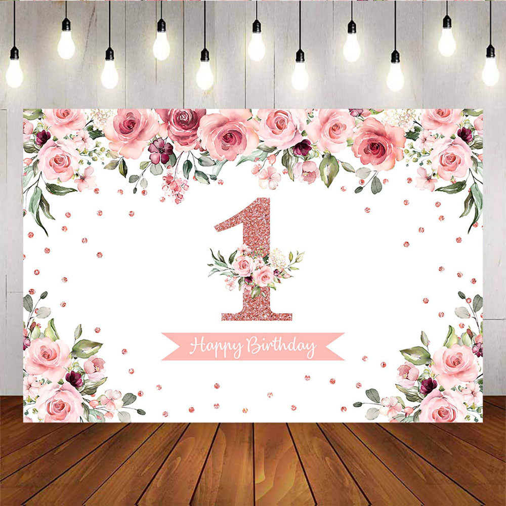 Mocsicka Happy 1st Birthday Backdrop Pink Flowers and Glowing Dots Photo Banners-Mocsicka Party