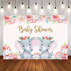 Mocsicka Twins Elephant Baby Shower Backdrop Flowers Photo Background-Mocsicka Party