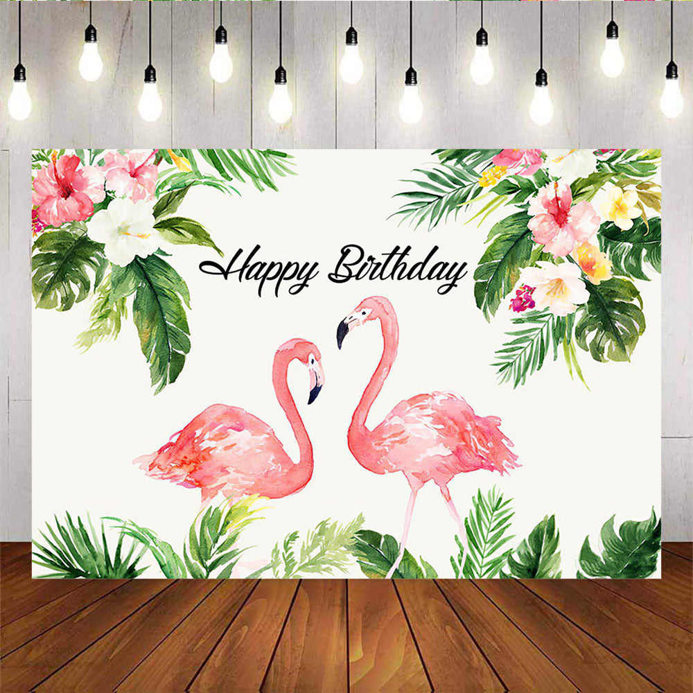 Mocsicka Pink Flamingo Plam Leaves and Flowers Happy Birthday Back Drops-Mocsicka Party