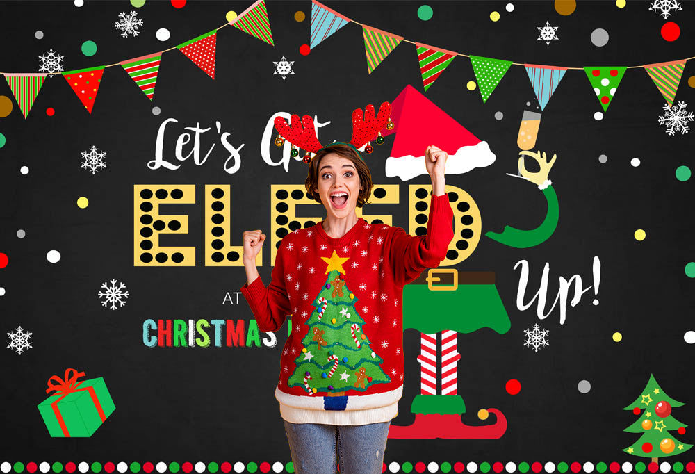 Mocsicka Let's Get Elfed Christmas Party Backdrop Snowflakes and Red Cap Background-Mocsicka Party