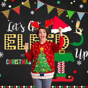 Mocsicka Let's Get Elfed Christmas Party Backdrop Snowflakes and Red Cap Background-Mocsicka Party