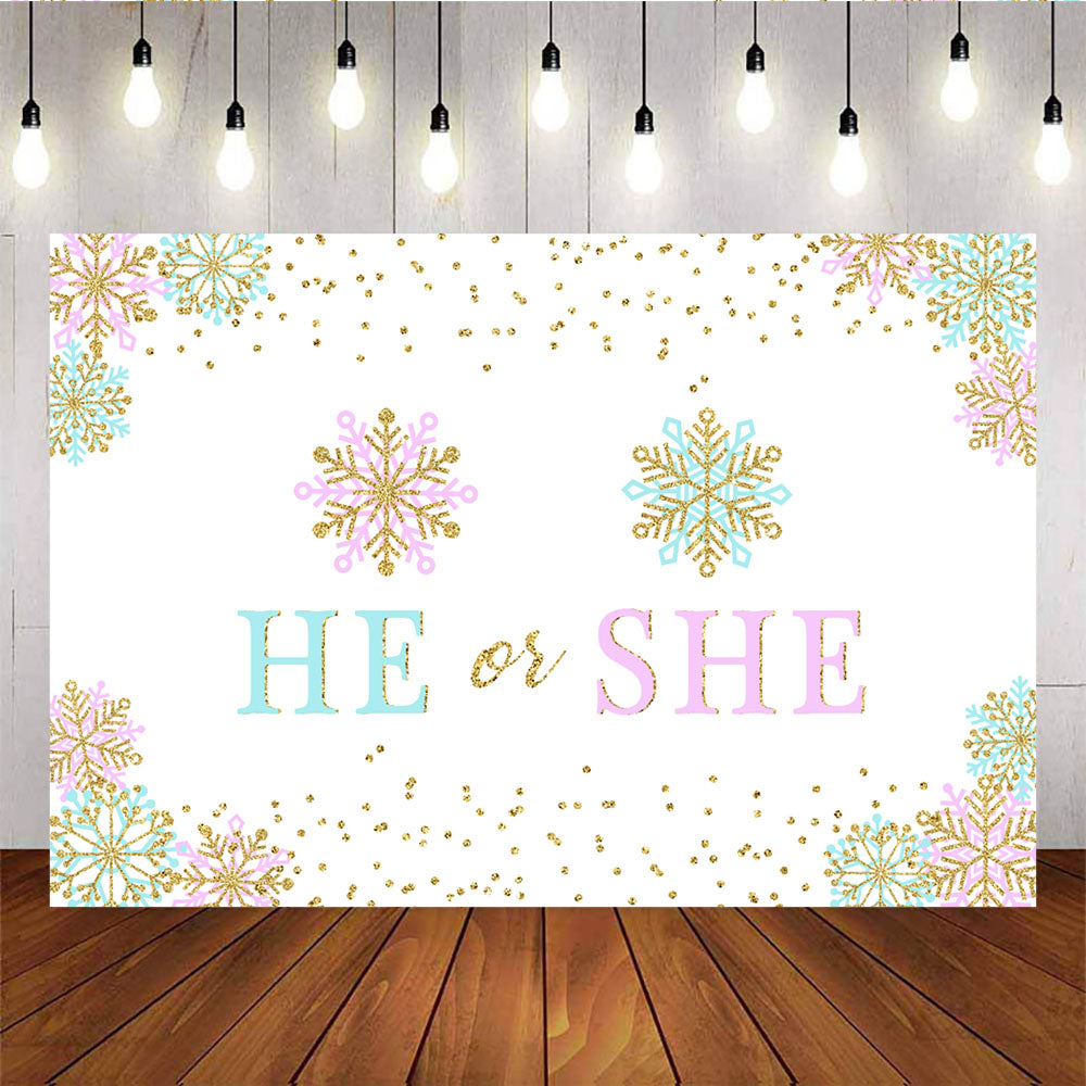 Mocsicka He or She Gender Reveal Party Supplies Snowflakes Golden Dots Background-Mocsicka Party