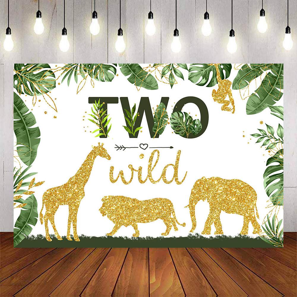 Mocsicka Two Wild Golden Animals Plam Leaves Birthday Party Backdrop-Mocsicka Party