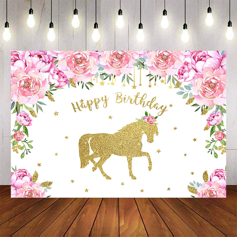 Mocsicka Golden Horse and Flowers Happy Birthday Party Backdrop-Mocsicka Party