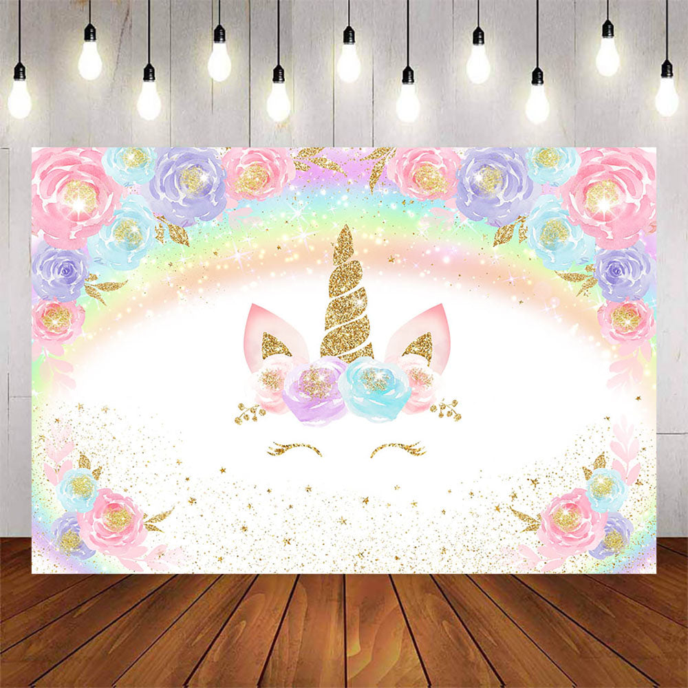 Mocsicka Unicorn Theme Rainbow and Flowers Baby Shower Backdrop-Mocsicka Party