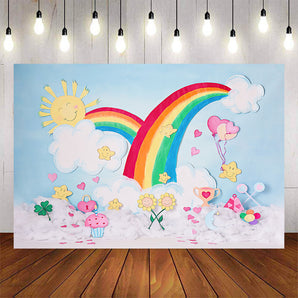 Mocsicka Rainbow and Flowers White Cloud Happy Birthday Backdrop-Mocsicka Party