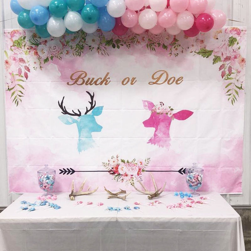 Mocsicka Buck or Doe Gender Reveal Backdrop Pink Flowers Baby Shower Backdrops-Mocsicka Party
