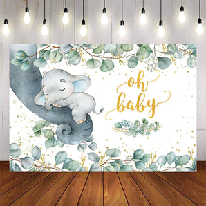 Mocsicka Little Elephant and Green Leaves Oh Baby Shower Backdrop-Mocsicka Party