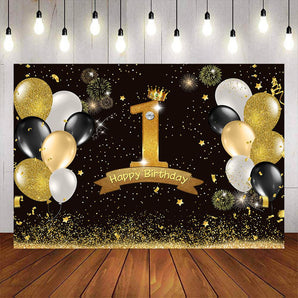 Mocsicka Balloons and Gold Dots Happy 1st Birthday Backdrop-Mocsicka Party