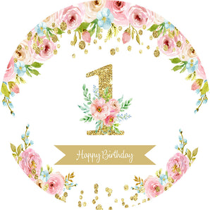Mocsicka Flowers and Golden Dots Happy 1st Birthday Round Cover