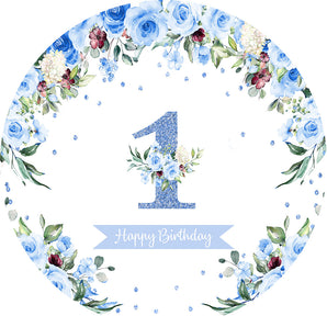 Mocsicka Blue Flowers and Dots Happy 1st Birthday Round Cover