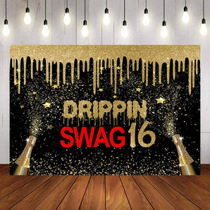 Mocsicka Golden Champagne Sweet 16 Happy Birthday Backdrop