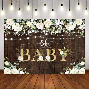 Mocsicka White Flowers and Wooden Floor Oh Baby Shower Banners-Mocsicka Party