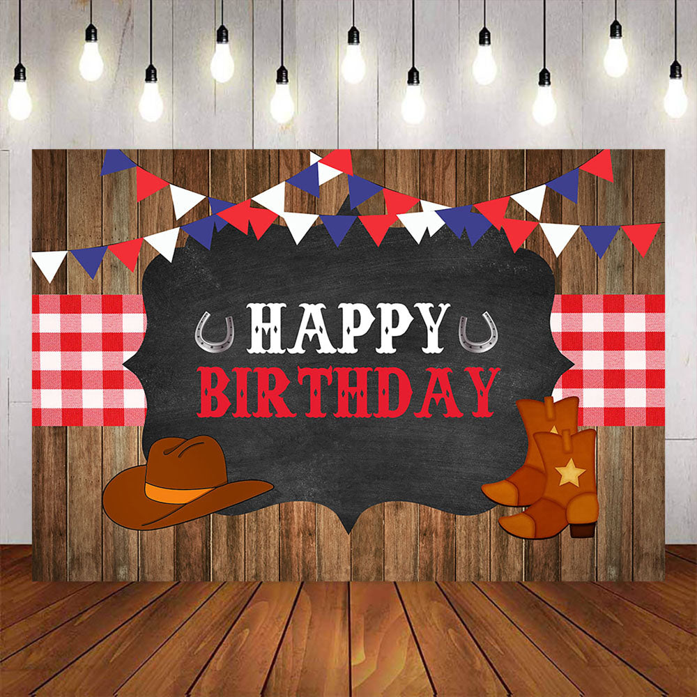 Mocsicka Red Plaid Plank and Cowboy Happy Birthday Backdrop-Mocsicka Party
