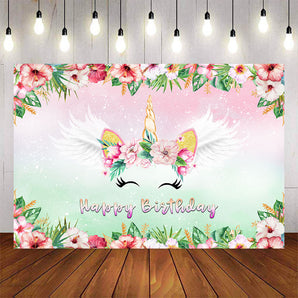 Mocsicka Flowers Unicorn Happy Birthday Party Backdrop-Mocsicka Party