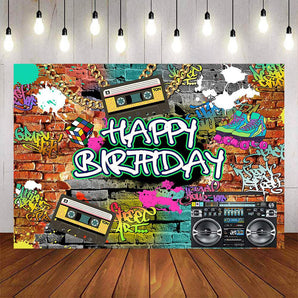 Mocsicka Graffiti Wall and Retro Radio Happy Birthday Backdrop-Mocsicka Party