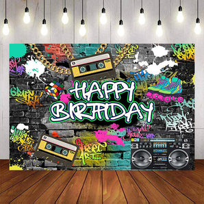 Mocsicka Graffiti Wall and Retro Radio Gold Chain Happy Birthday Backdrop