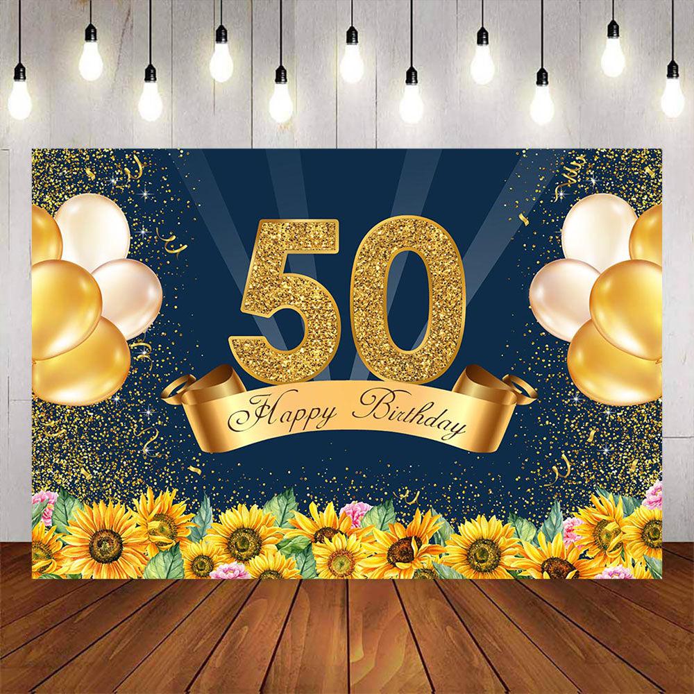 Mocsicka Sunflowers and Balloons Happy 50th Birthday Backdrop-Mocsicka Party