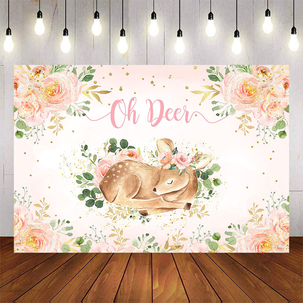 Mocsicka Little Deer and Pink Flowers Baby Shower Backdrop-Mocsicka Party