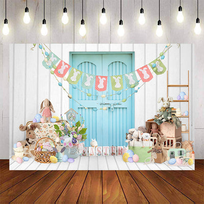 Mocsicka Blue Door Rabbits and Eggs Happy Easter Backdrop-Mocsicka Party