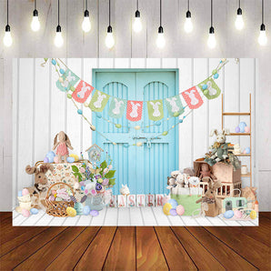 Mocsicka Blue Door Rabbits and Eggs Happy Easter Backdrop-Mocsicka Party