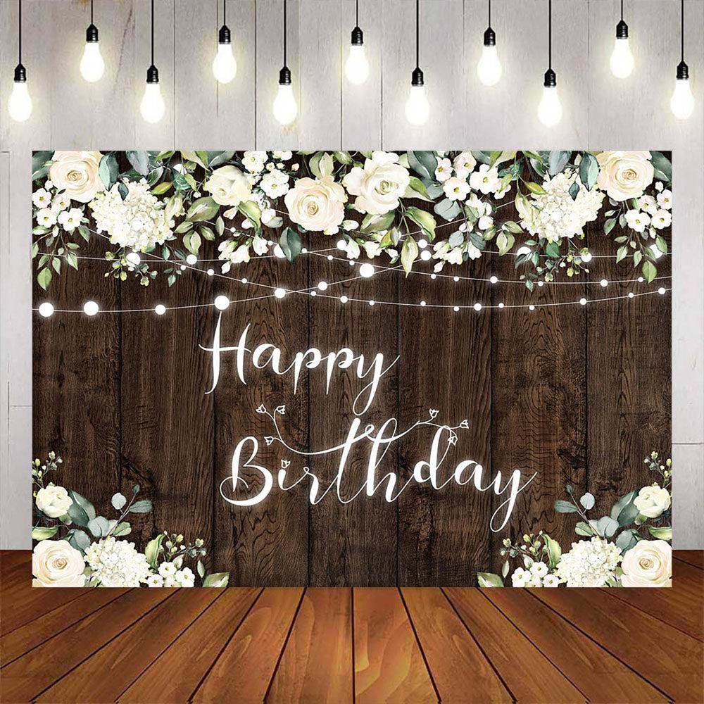 Mocsicka Wooden Floor and White Flowers Birthday Backdrop-Mocsicka Party