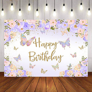 Mocsicka Pink Flowers and Butterfly Happy Birthday Backdrop-Mocsicka Party