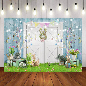 Mocsicka Happy Easter White Door Green Grass Backdrop-Mocsicka Party