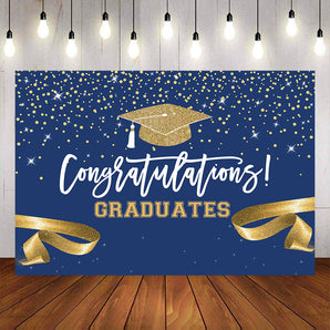 Mocsicka Gold Ribbon and Dots Congrats Graduation Blue Backdrop-Mocsicka Party