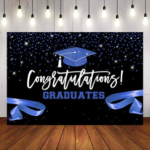 Mocsicka Blue Ribbon and Dots Congrats Graduation Black Backdrop-Mocsicka Party