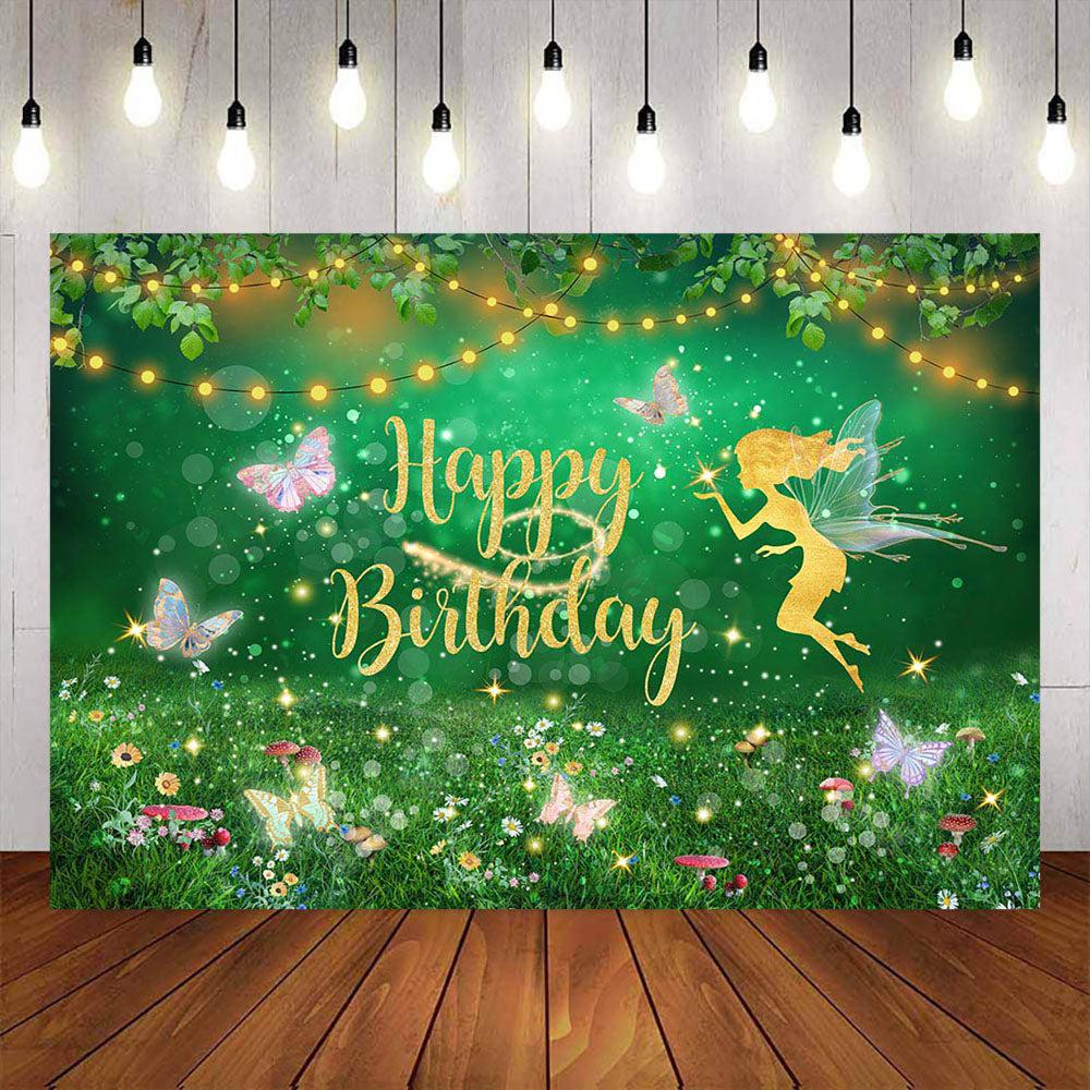 Mocsicka Golden Fairy and Butterfly Happy Birthday Backdrop-Mocsicka Party