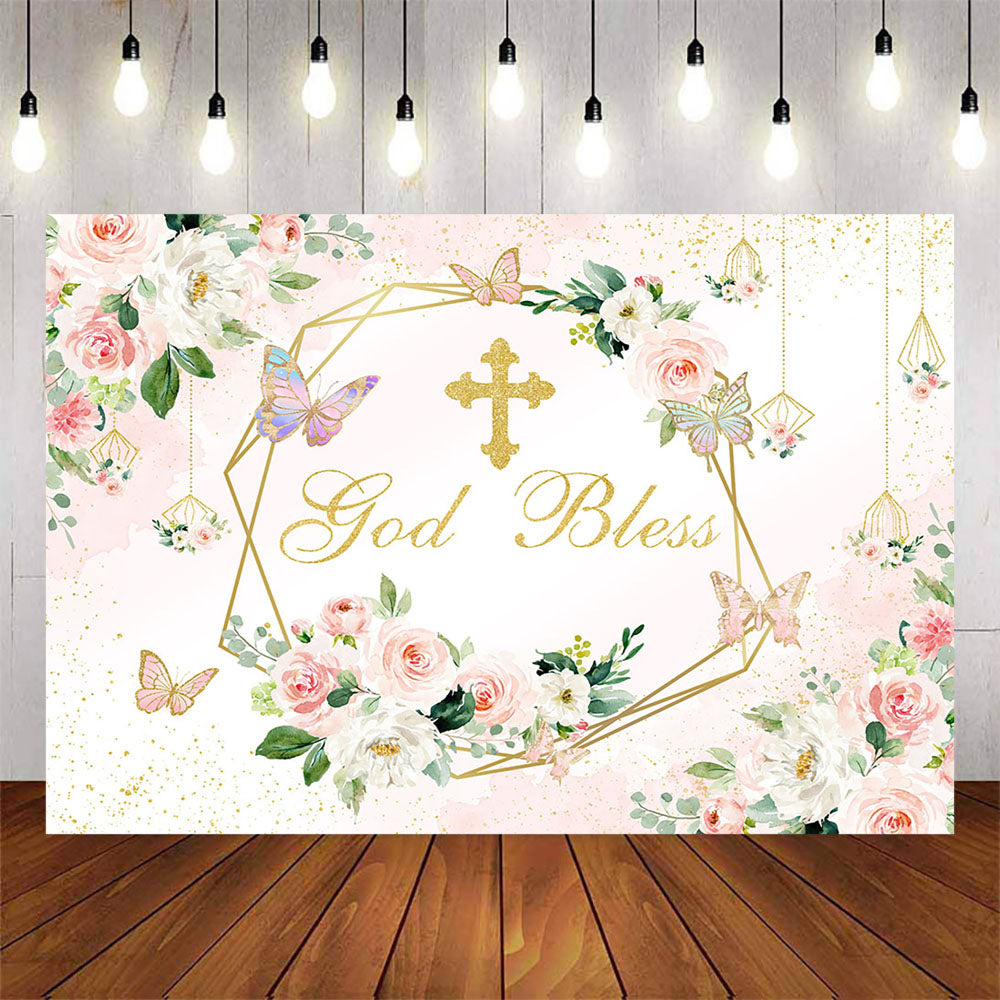 Mocsicka Pink Flowers and Butterfly God Bless Baby Shower Backdrop-Mocsicka Party