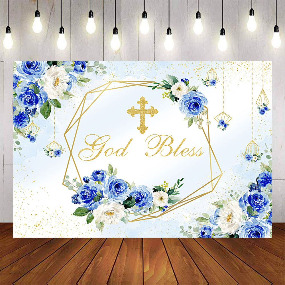Mocsicka Blue and White Flowers God Bless Baby Shower Backdrop-Mocsicka Party