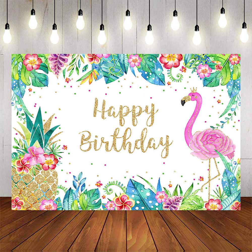 Mocsicka Gold PIneapple Pink Flamingo Happy Birthday Backdrop-Mocsicka Party