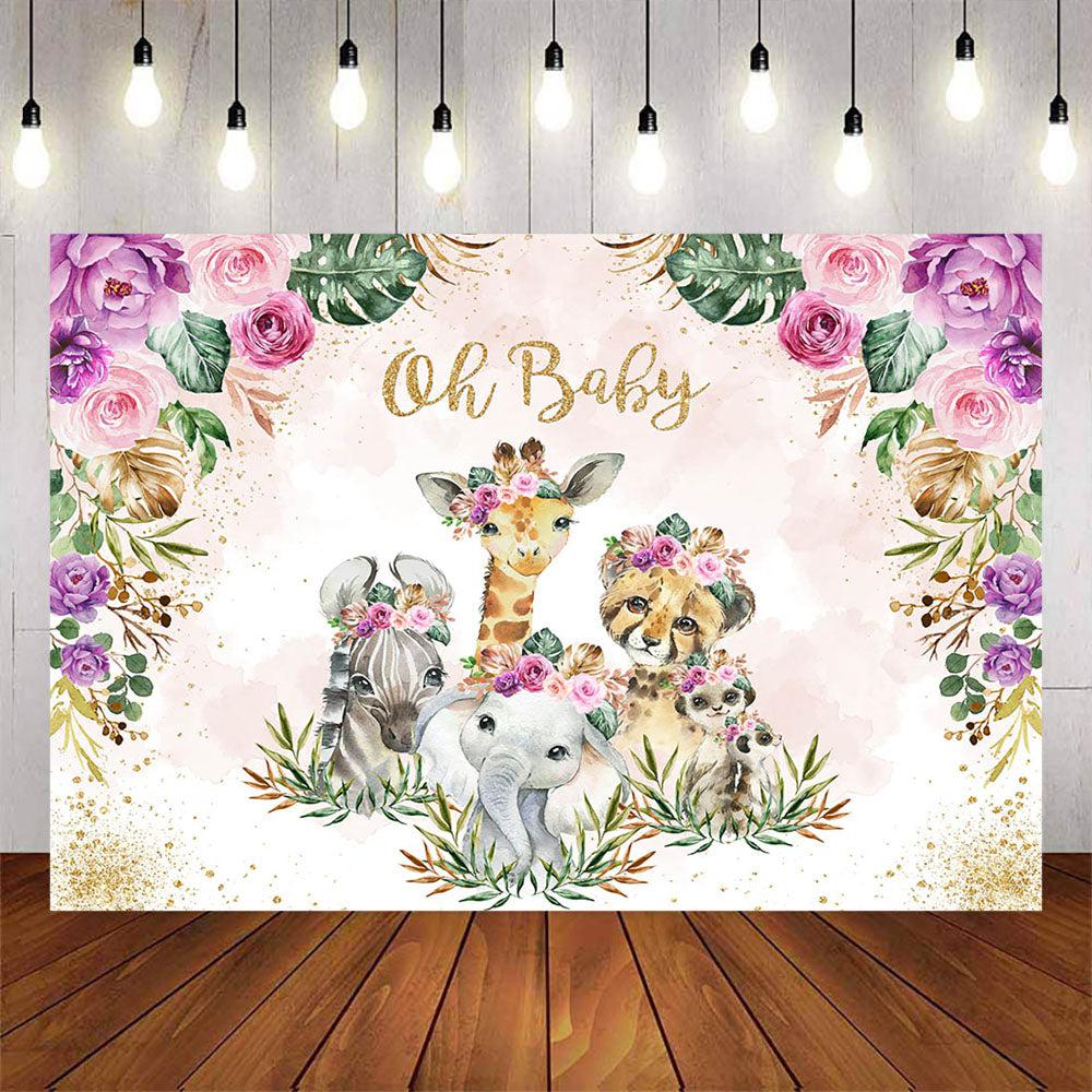 Mocsicka Pink and Purple Flowers Wild Animals Oh Baby Shower Backdrop-Mocsicka Party