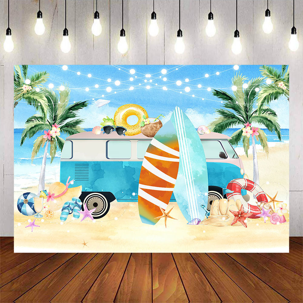 Mocsicka Summer Beach Bus and Surfboard Coconut Tree Backdrop-Mocsicka Party